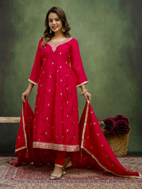 VP 9718 R Elegant Ready to Wear Anarkali Kurta Set in Soft Silk Blend with Embroidered Dupatta and Perfect Fit